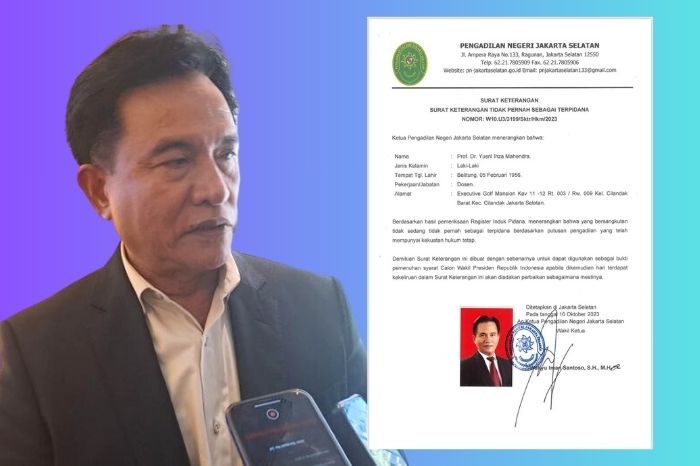 Foto: Yusril Ihza Mahendra, Surat Keterangan (Suket) tidak pernah terpidana dan SKCK terkait dengan permohonan pencalonan sebagai wakil presiden Republik Indonesia. (Doc.Ist)
