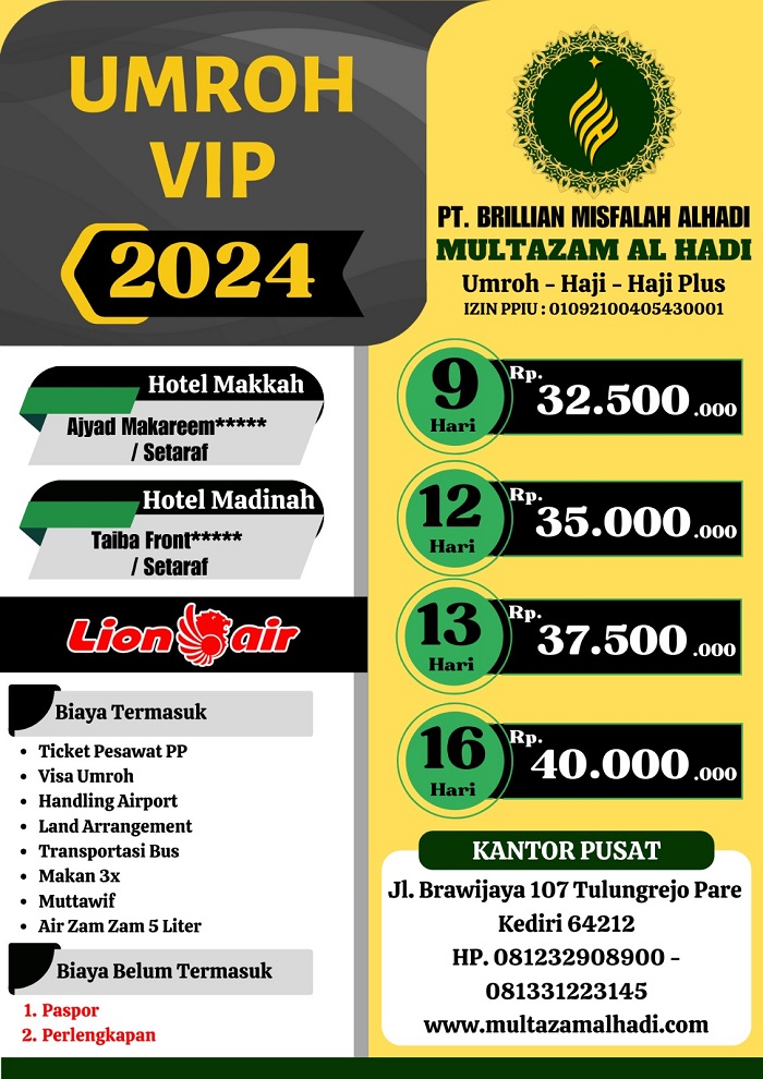 Guna memaksimalkan pelayanan spiritual warga Kediri dan sekitarnya, Multazam Al Hadi Tour & Travel menyediakan promo murah umroh untuk melayani para jamaah di seluruh wilayah di Jawa Timur.