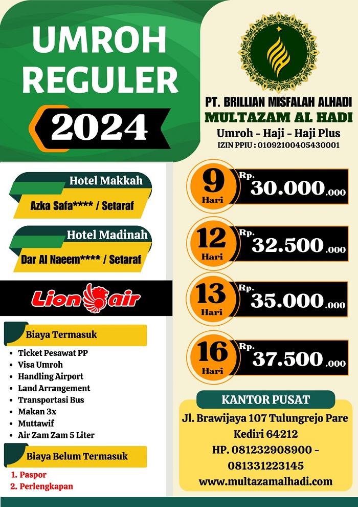 Guna memaksimalkan pelayanan spiritual warga Kediri dan sekitarnya, Multazam Al Hadi Tour & Travel menyediakan promo murah umroh untuk melayani para jamaah di seluruh wilayah di Jawa Timur.