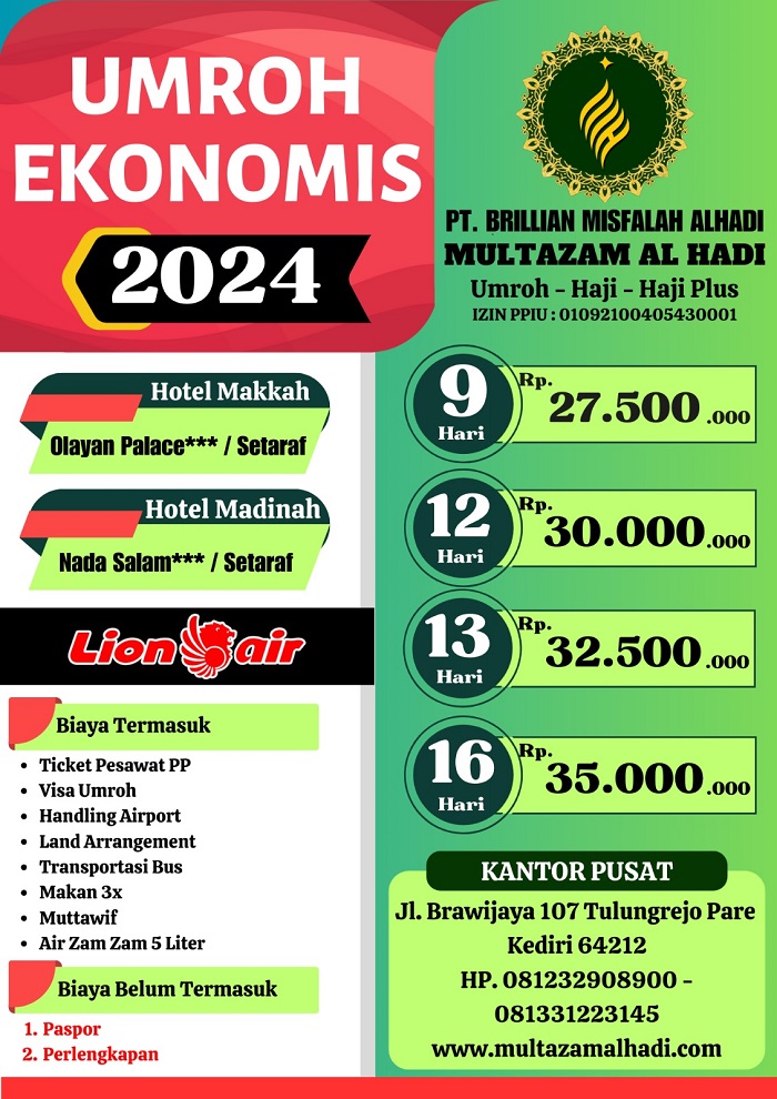 Guna memaksimalkan pelayanan spiritual warga Kediri dan sekitarnya, Multazam Al Hadi Tour & Travel menyediakan promo murah umroh untuk melayani para jamaah di seluruh wilayah di Jawa Timur.